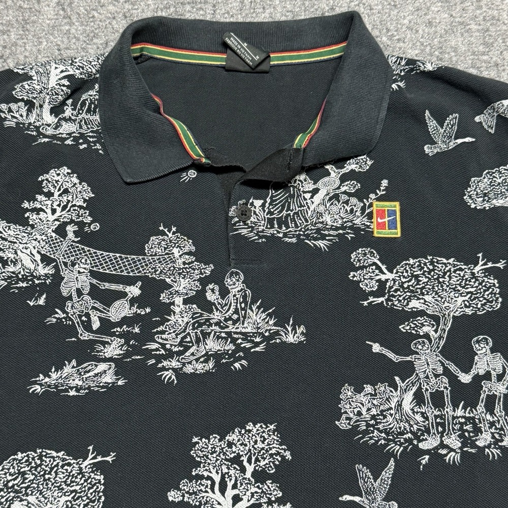 VTG Nike Polo Shirt Men M Black Tennis Court AOP Print Skeleton Black AQ7729-010